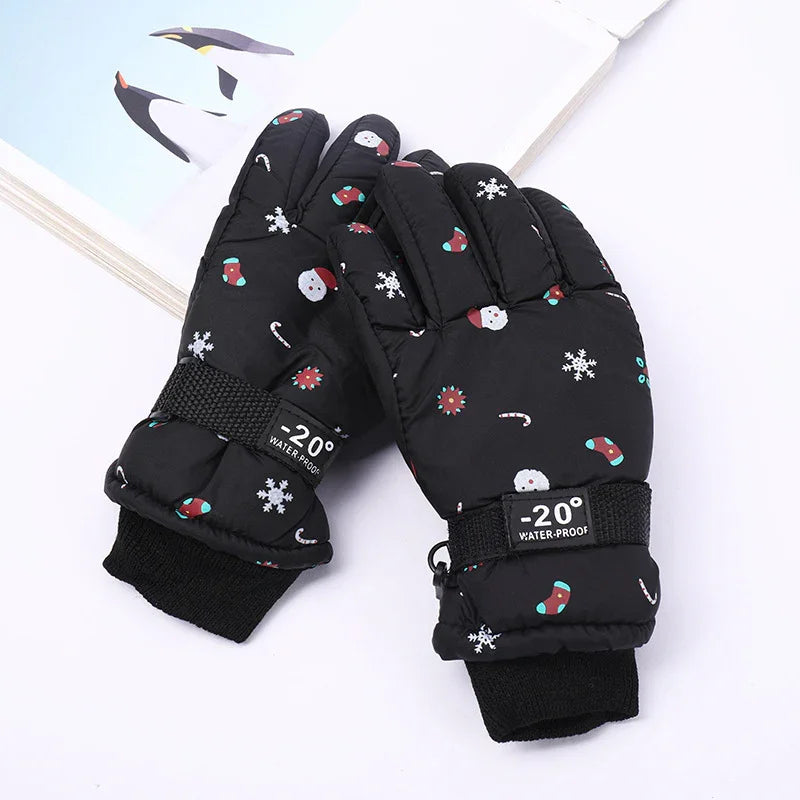 Black waterproof winter gloves with Christmas print, adjustable strap, and -20° rating