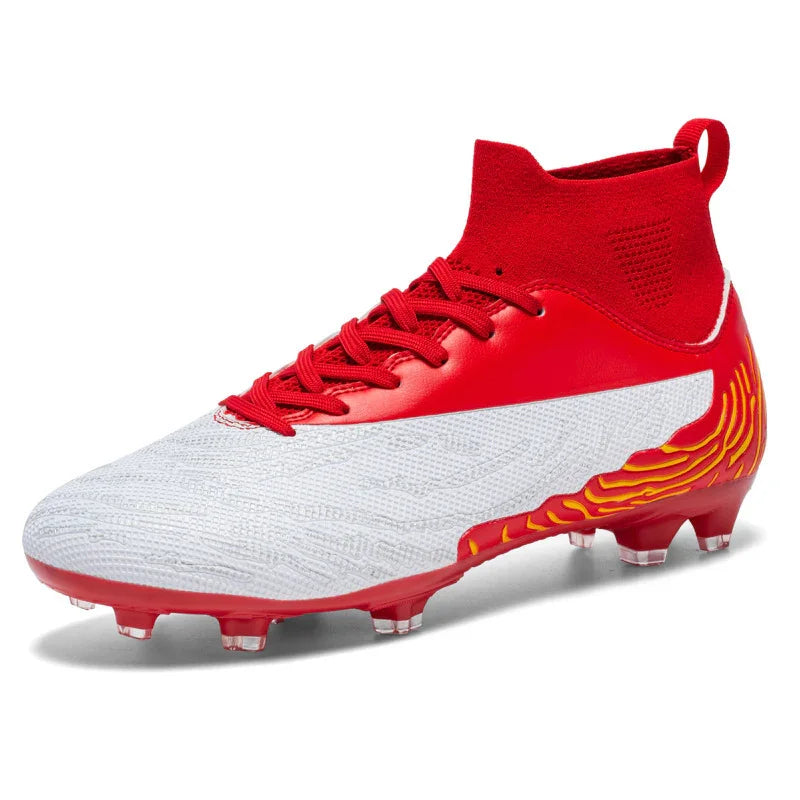 Red and white soccer cleat with high ankle sock design and yellow flame pattern on sole