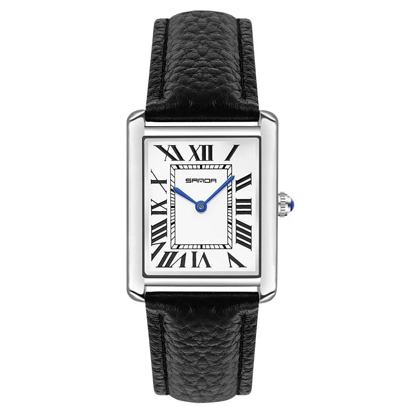 Rectangular silver wristwatch with black leather strap, white dial, Roman numerals, and blue hands
