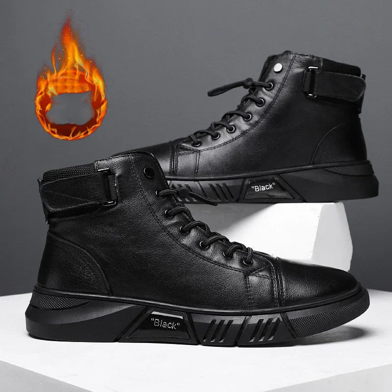 Black high-top leather sneakers with laces and velcro strap on gray and white background