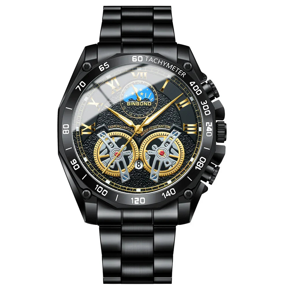 Black BINBOND men's quartz wristwatch with gold accents, tachymeter bezel, and dual subdials