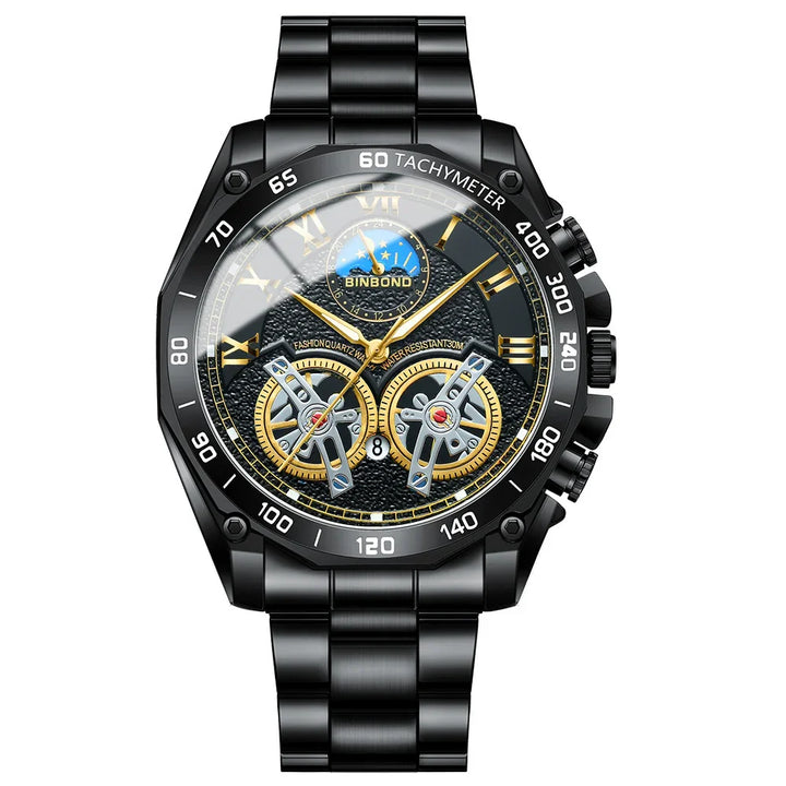 Black BINBOND men's quartz wristwatch with gold accents, tachymeter bezel, and dual subdials