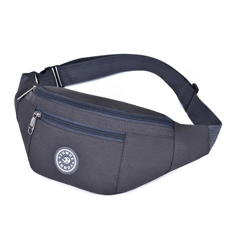 black fabric waist bag with dual zippered compartments and adjustable strap