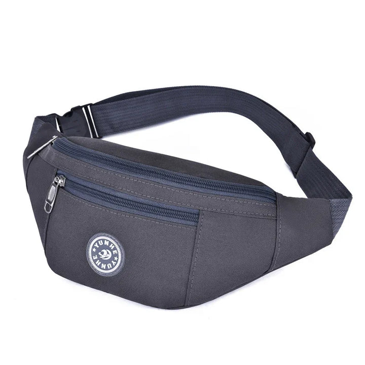 black fabric waist bag with dual zippered compartments and adjustable strap