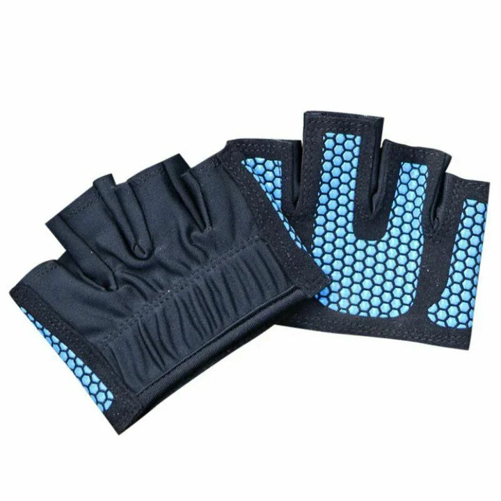 Black and blue fingerless workout gloves with hexagonal grip pattern