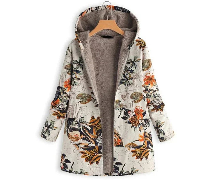 Floral print hooded winter coat with soft fleece lining on wooden hanger
