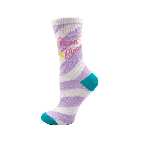 Purple and white striped sock with teal heel and toe, featuring pink text 'Neon Moon' and yellow crescent moons