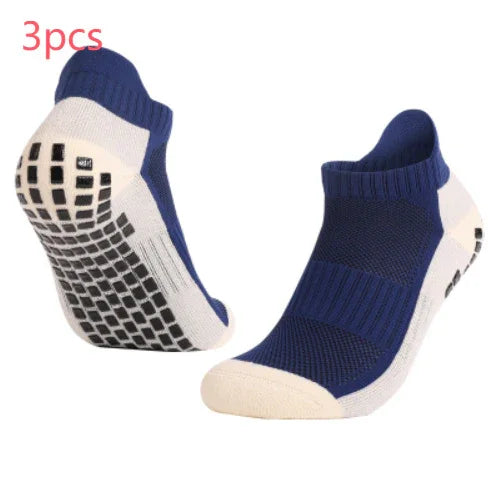 Pair of navy blue and white no-show grip socks with anti-slip soles, pack of 3