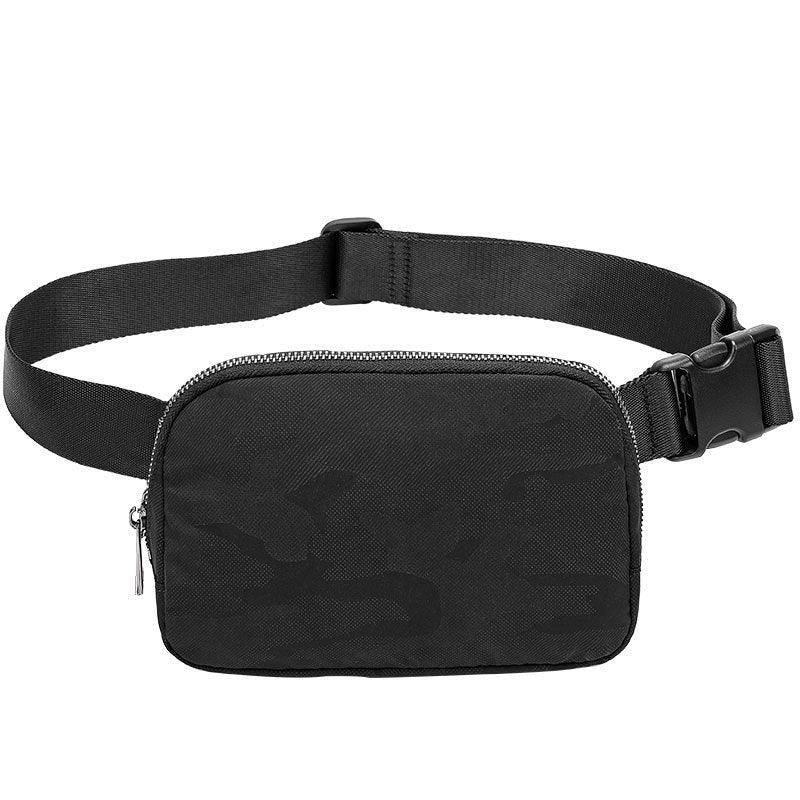 Black adjustable waist bag with zipper and buckle closure on white background