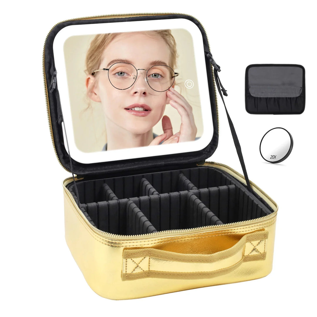 Gold cosmetic travel case with LED lighted mirror, adjustable compartments, and 20X magnifying mirror