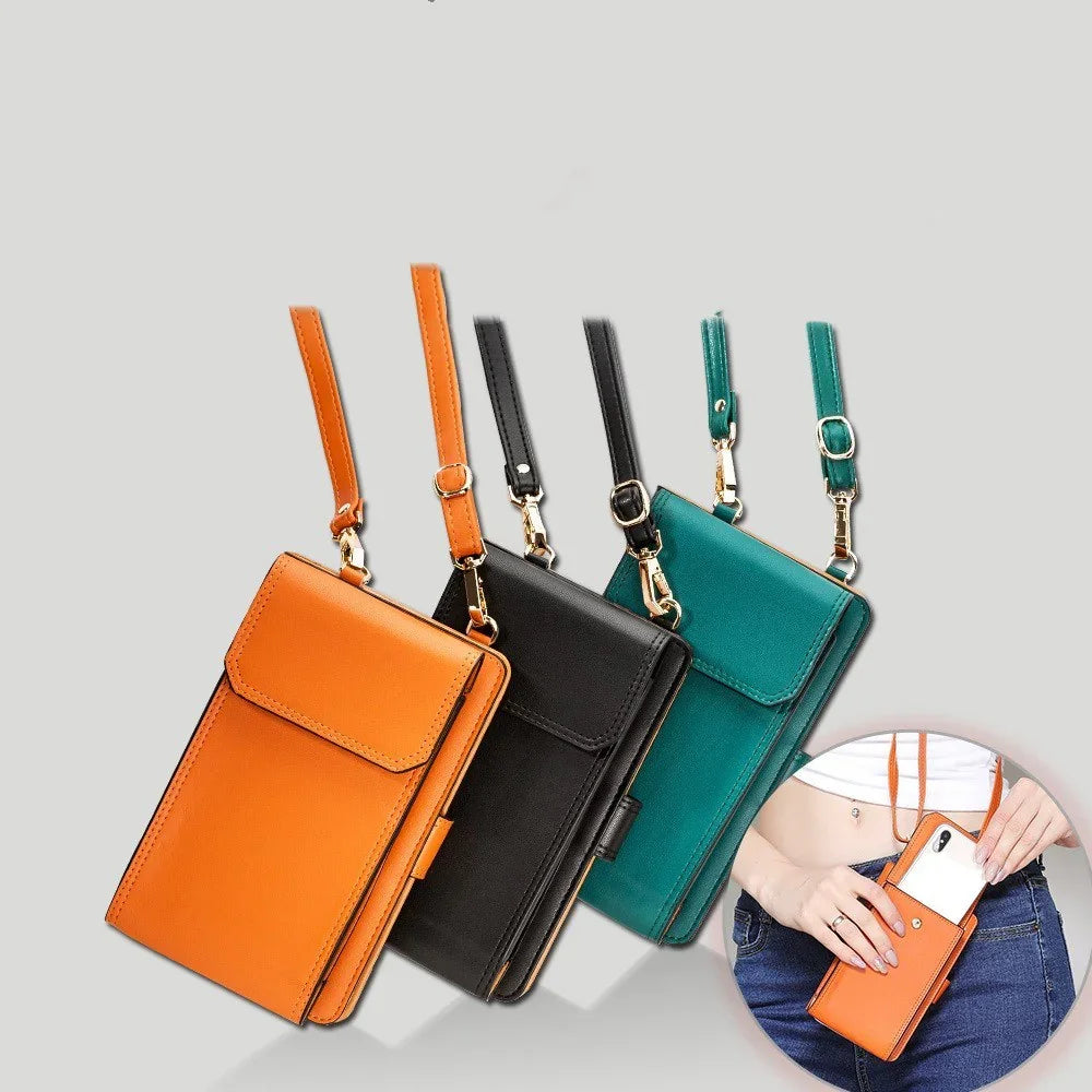 Three leather crossbody phone bags in orange, black, and teal with detachable straps and front flap