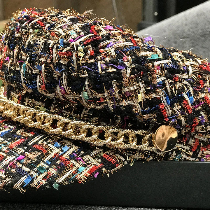 Close-up of a multicolor tweed hat with gold chain trim and shiny gold button detail