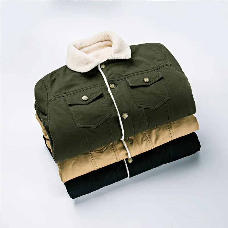 Stack of three sherpa-lined jackets in green, beige, and black with buttoned chest pockets