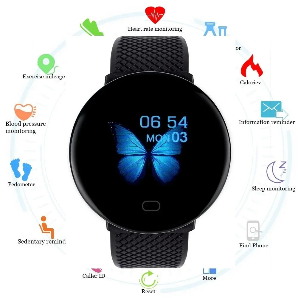 Black round fitness smartwatch with butterfly display and health tracking icons around it