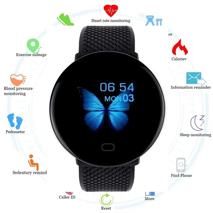 Black round fitness smartwatch with butterfly display and health tracking icons around it