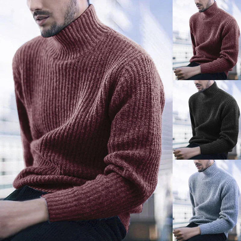 Men's ribbed knit turtleneck sweaters in maroon, black, and gray, stylish winter outfits