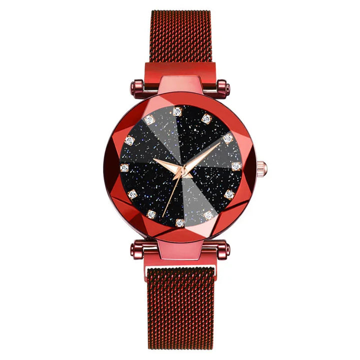 Red metallic wristwatch with faceted bezel, black starry dial, and crystal hour markers