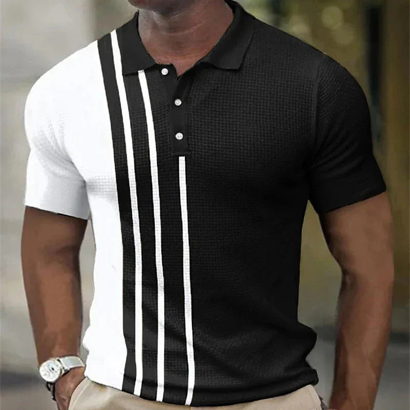 Men's short sleeve black and white polo shirt with vertical stripes and textured fabric