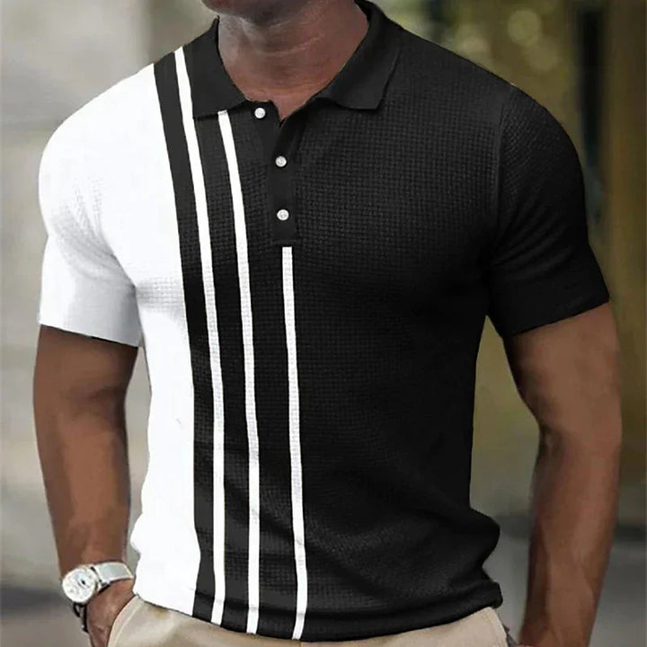 Men's short sleeve black and white polo shirt with vertical stripes and textured fabric