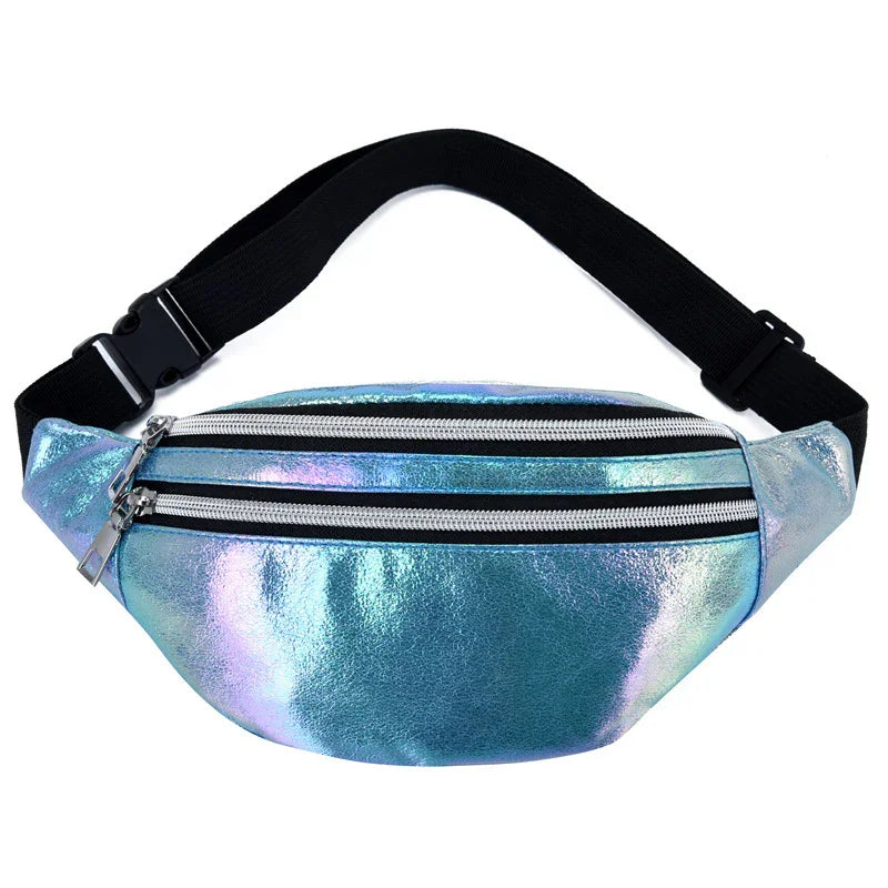 iridescent blue holographic fanny pack with black adjustable strap and dual silver zippers