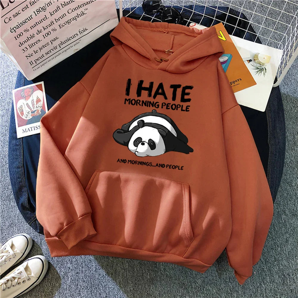 Rust-colored hoodie with a lazy panda graphic and text saying I hate morning people and mornings