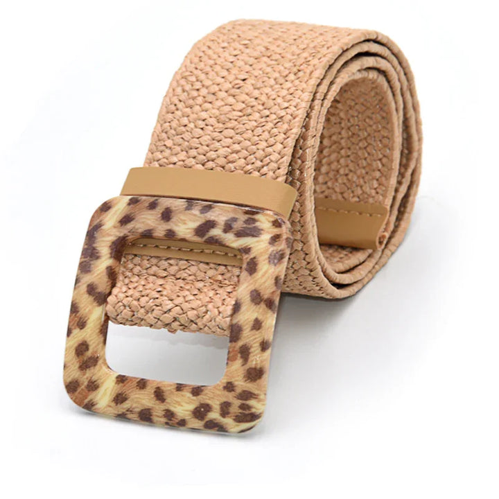 Beige woven fabric belt with a square leopard print buckle on white background