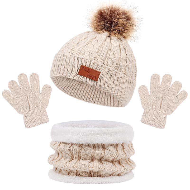 Beige knitted winter set with pom-pom beanie, gloves, and soft fleece-lined neck warmer