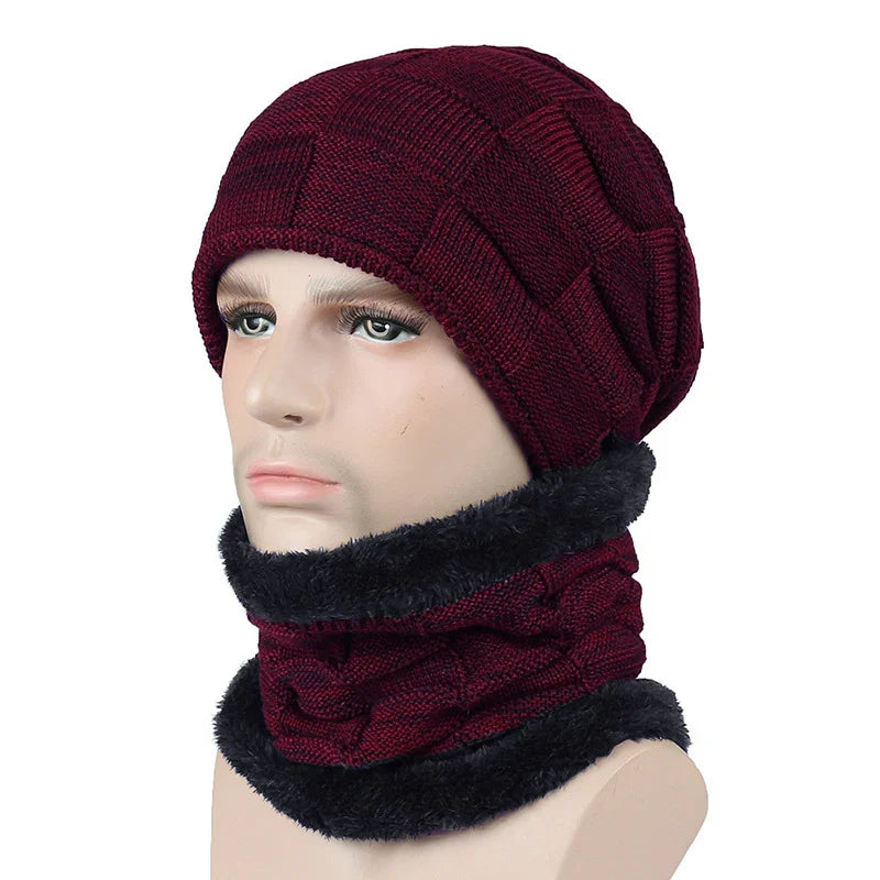 Mannequin wearing a maroon knitted beanie and matching neck warmer with black faux fur lining