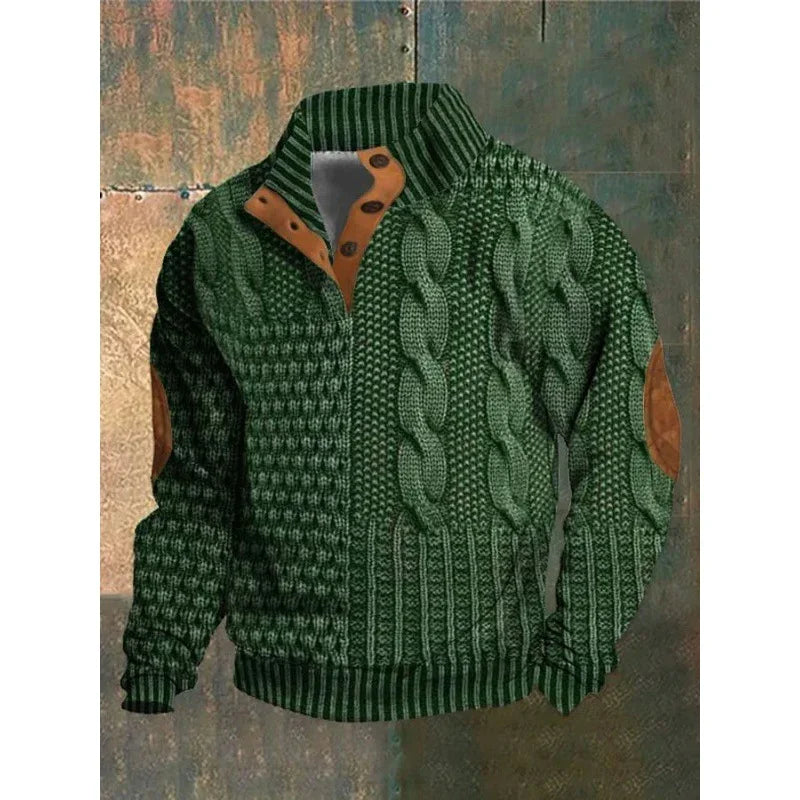 Green knit men's sweater with cable and waffle patterns, brown elbow patches, and buttoned collar