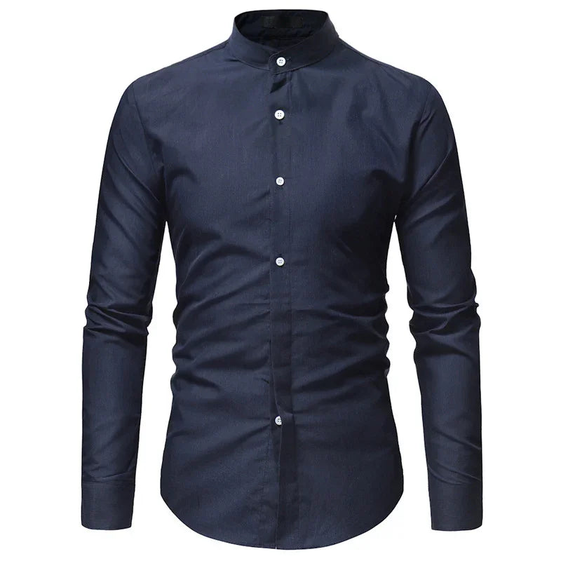 men's slim fit navy blue mandarin collar long sleeve dress shirt