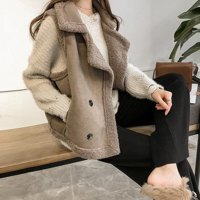 Woman wearing beige shearling vest, cream knit sweater, black pants, and fluffy slippers sitting on wooden bench
