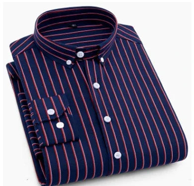 Folded navy blue men's shirt with red and white vertical stripes and white buttons