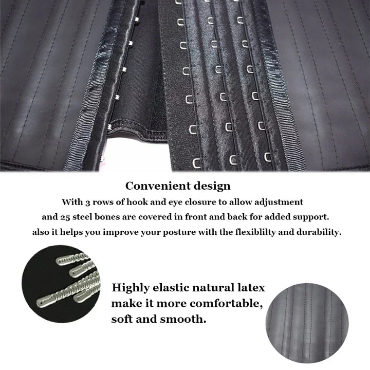 Black waist trainer with 3 rows hook and eye closures and 25 steel bones for posture support