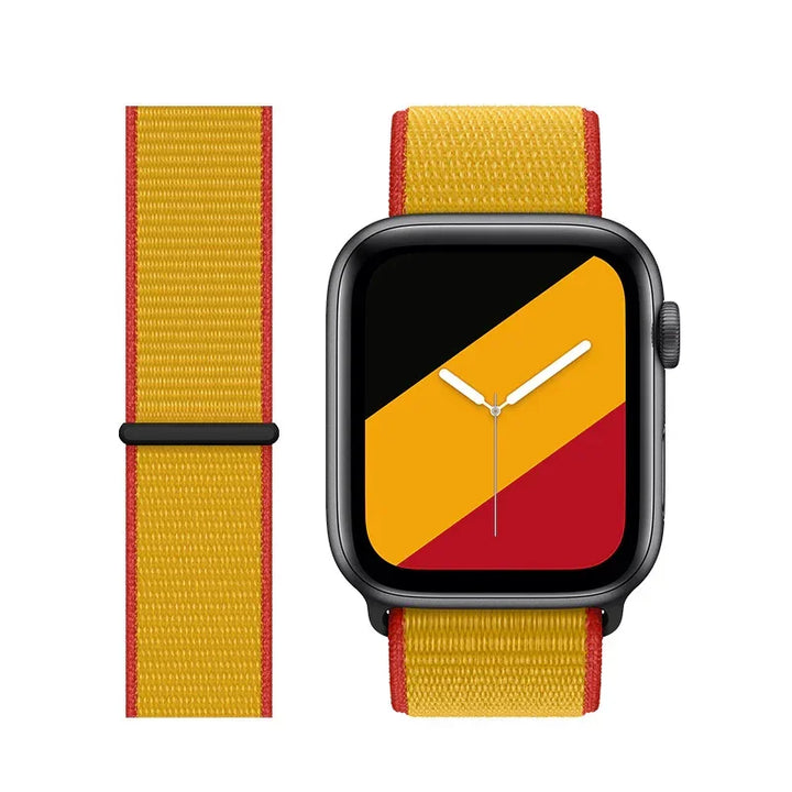 Smartwatch with black case and yellow-red woven band with matching yellow, red, and black diagonal watch face