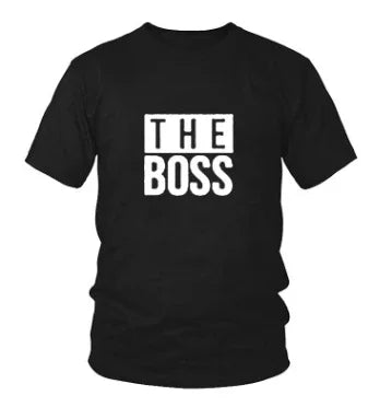 Black T-shirt with bold white text reading 'THE BOSS' on front