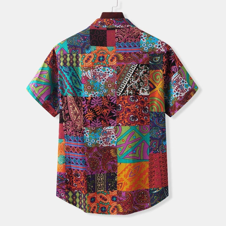 Colorful patchwork short-sleeve casual shirt with various floral and geometric patterns