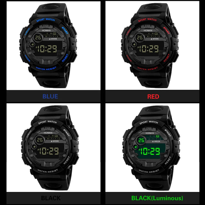 Four black digital sport watches with blue, red, black, and green luminous displays, water resistant