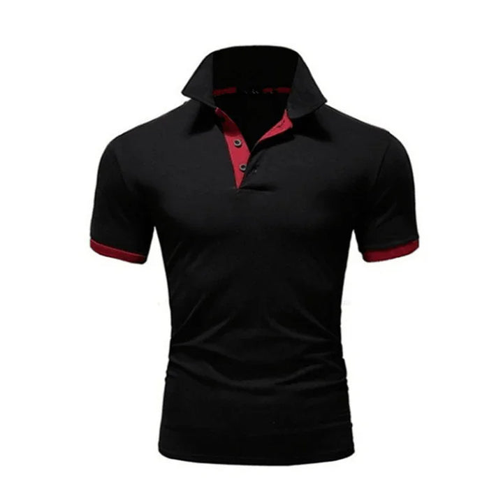 Black short sleeve polo shirt with red collar lining and sleeve cuffs, buttoned placket