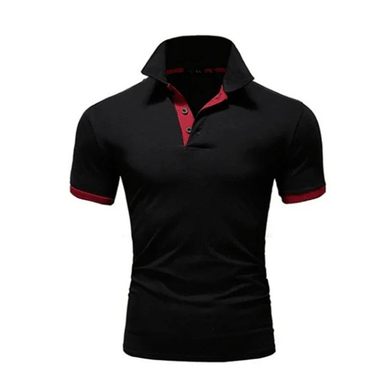 Black men's polo shirt with red collar lining and red sleeve trim in plain design