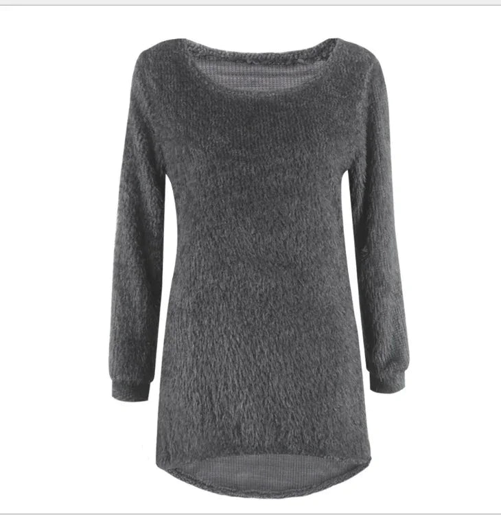 Dark gray long sleeve textured knit sweater with relaxed fit and round neckline