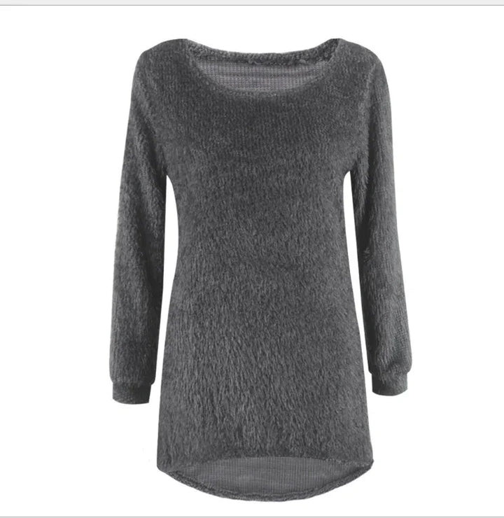 Dark gray long sleeve textured knit sweater with relaxed fit and round neckline