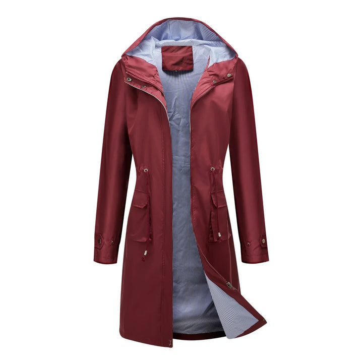 Women's long burgundy raincoat with hood and striped blue inner lining, front zipper, and pockets