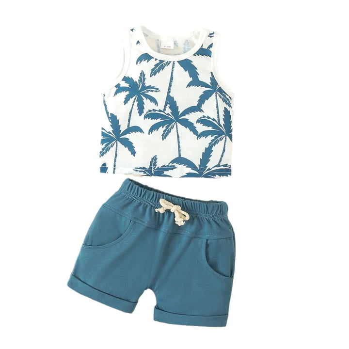 Toddler sleeveless tank top with blue palm tree print and blue drawstring shorts