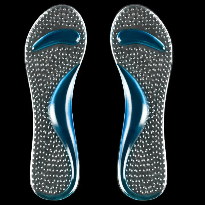 Pair of transparent shoe insoles with blue gel arch and heel support on black background