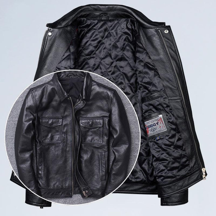 Black leather jacket with quilted inner lining and front pockets detail