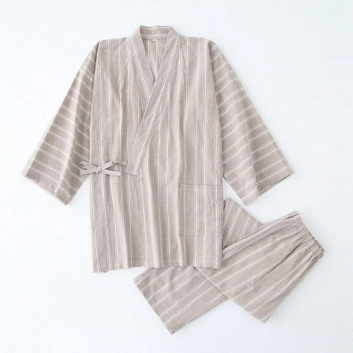 Beige and white striped traditional kimono-style top and matching pants lounge set on white background