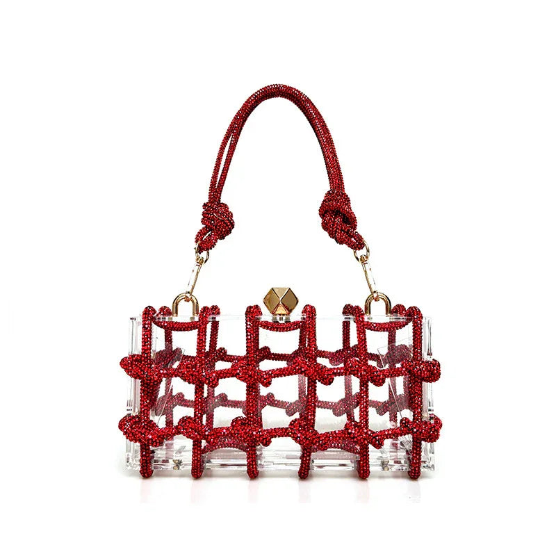 Transparent rectangular handbag with intricate red beaded lattice design and gold clasp