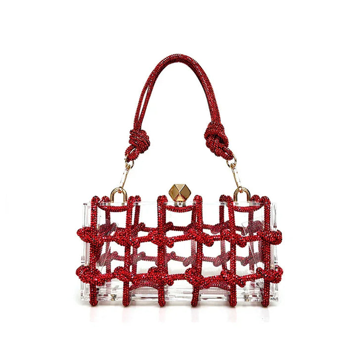 Transparent rectangular handbag with intricate red beaded lattice design and gold clasp