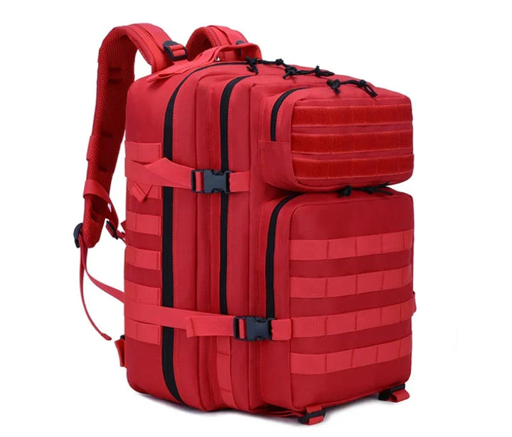 Red tactical backpack with multiple compartments, black zippers, and adjustable straps on white background