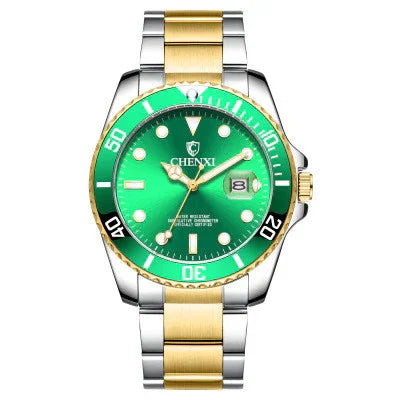 Chenxi men's luxury wristwatch with green dial, gold and silver stainless steel band